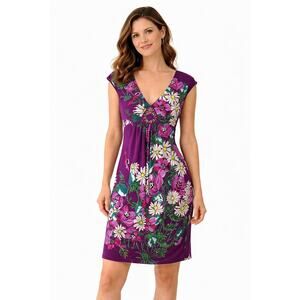 ECI Floral Dress Size 8 Purple Stretch Knit Beaded Bodice V-Neck Sheath 2010s